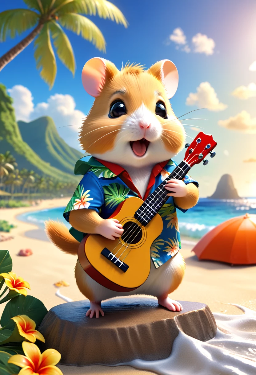 Esbian all over body、Cool hamster、Pop hamster、Diorama、Simple Background、Aloha Shirt、Playing the ukulele、tropical、Beach Background、Cape、Best Quality, Capture the cutest moments, Depth of written boundary, Super detailed, Ultra-high resolution, Octadale, 8k, 16km race