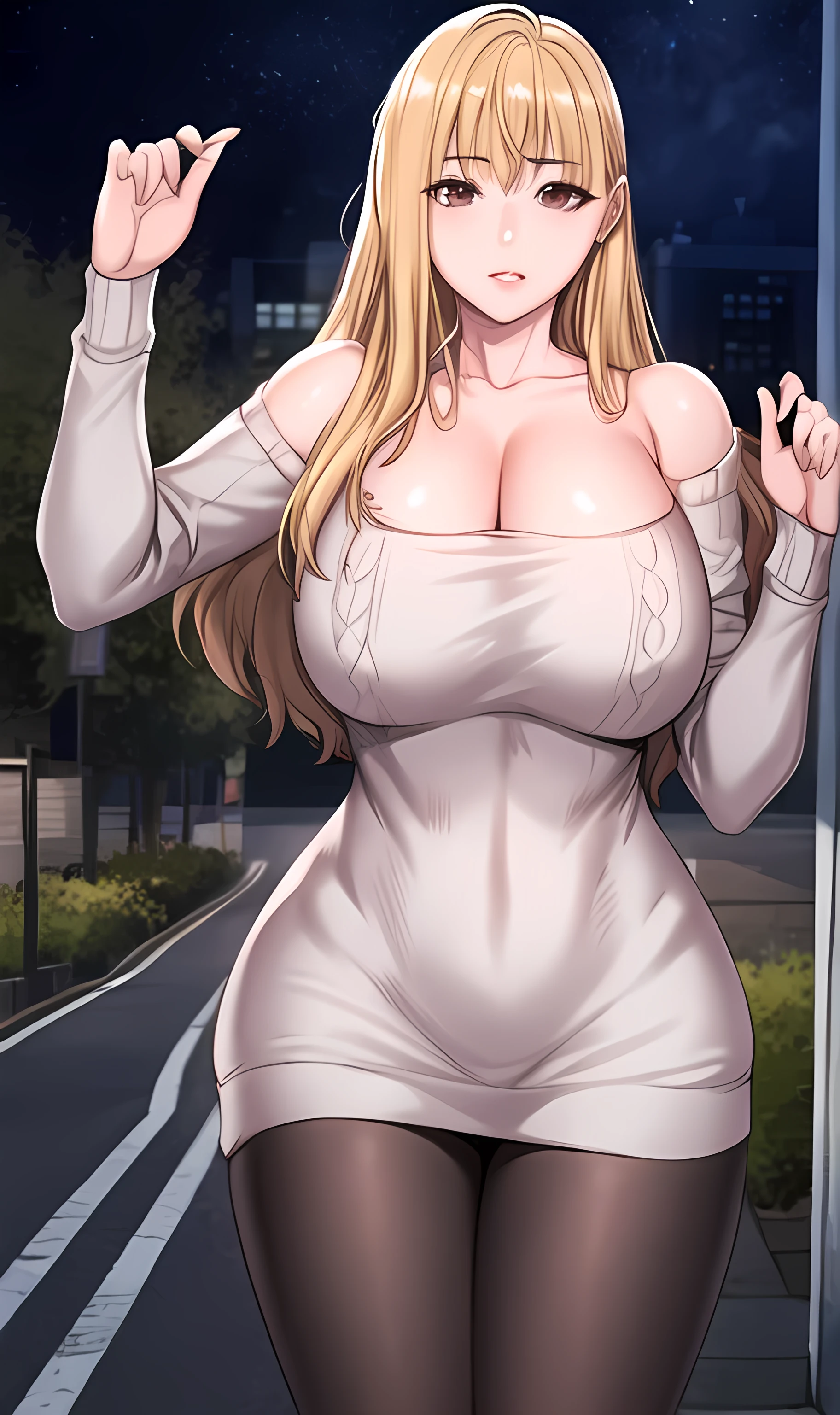 score_9, score_8_up, score_7_up, score_6_up, score_5_up, score_4_up, (8k, RAW photo, best quality, masterpiece:1.2),1girl,solo,mature female,blonde hair,long hair,brown eyes, curvy, breasts, cleavage, sweater, loose sweater, bare shoulders, pantyhose, collarbone 
, standing, night, city, outdoors 