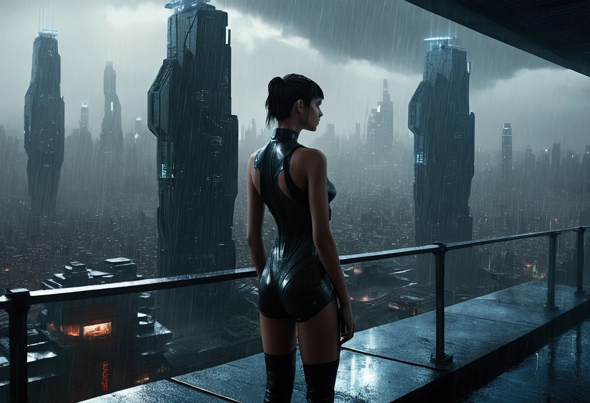 A realistic image of a futuristic city inspired by the movie "Blade Runner", with a andoroid ((girl)) standing on the terrace of a skyscraper overlooking the city. It is raining and the scene has a 16:9 aspect ratio (please include the terrace roof)), seen from three-quarter behind