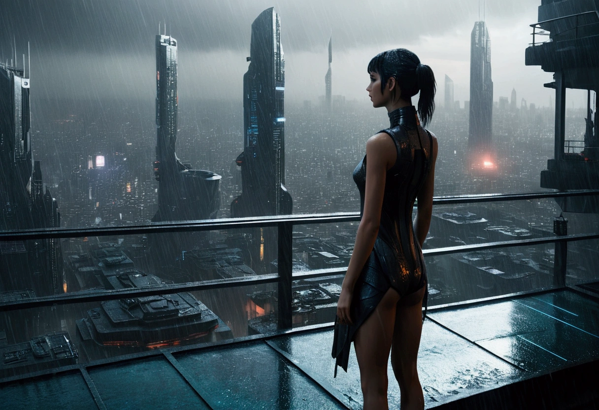 A realistic image of a futuristic city inspired by the movie "Blade Runner", with a andoroid ((girl)) standing on the terrace of a skyscraper overlooking the city. It is raining and the scene has a 16:9 aspect ratio (please include the terrace roof)), seen from three-quarter behind