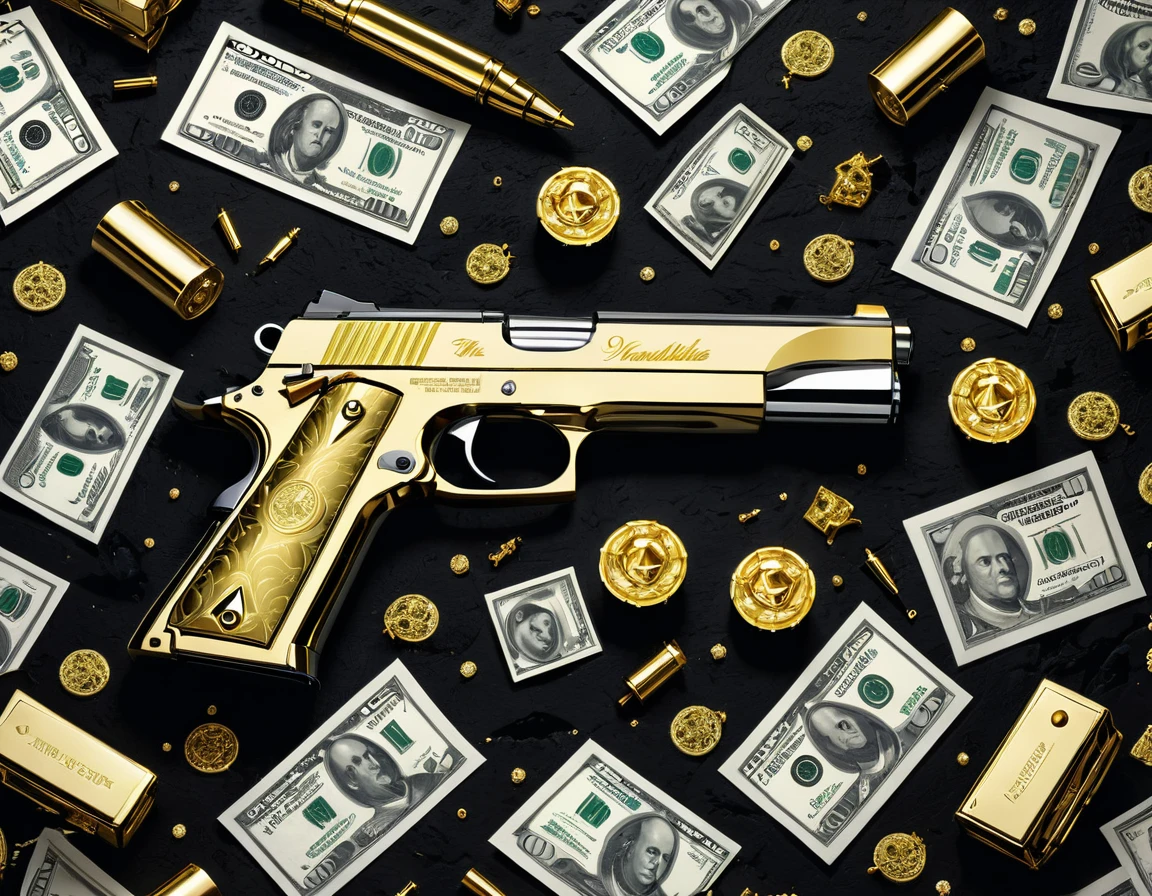 This image is designed for sublimation on streetwear garments, blending the ostentatious luxury of narco-culture with modern urban fashion.',
'The design prominently features symbols such as golden guns, dollar bills, luxury cars, and extravagant jewelry.',
'The overall color scheme is dark, with vibrant accents to highlight the gold and silver details.',
'The aesthetic of the image evokes a sense of glamour and rebelliousness, appealing to those who embrace the bold and audacious aspects of narco-culture.',
'The image is meant to be eye-catching and bold, with a mix of intricate and striking elements that make a statement.',