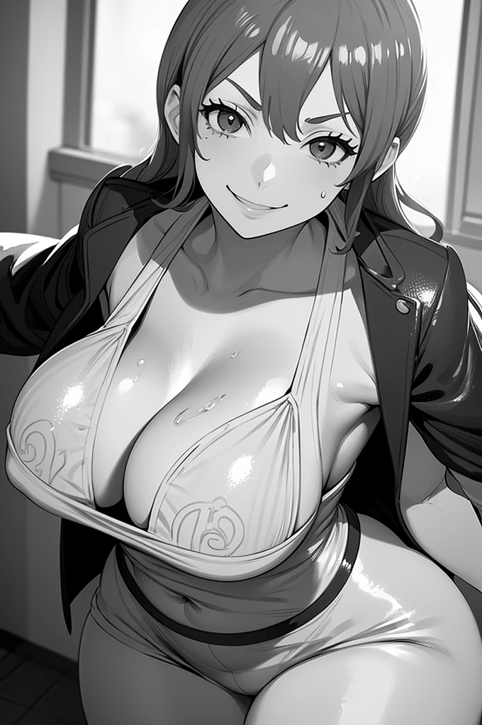 A girl with big tits, Nami One Piece, Nami Ola, whose tits dripping with semen, smiling, being carried by a man who inserts his penis inside
