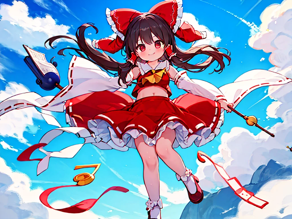 anatomically correct, high quality, 8k,cute girl,reimu,full body,colorful staff notation,colorful musical note, fine blue sky background,smile