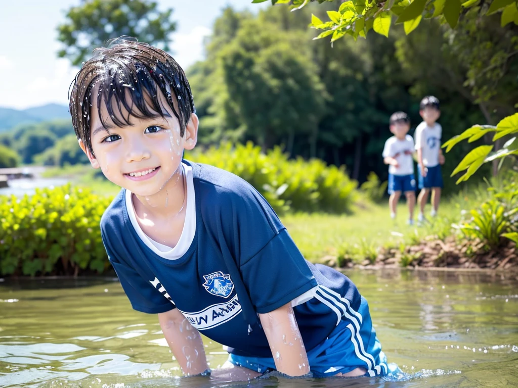 In the forest、 in the countryside、Swimming in the river、Bathing in water、水でGet wet all over、Cute eletary boy、Boy in gym clothes、The bottom of the white T-shirt is blue、Blue shorts、The boys are playing、Get wet all over、Noisy boys、Splashing Water、Japanese、(Boy 1.4)、high resolution、Highest quality