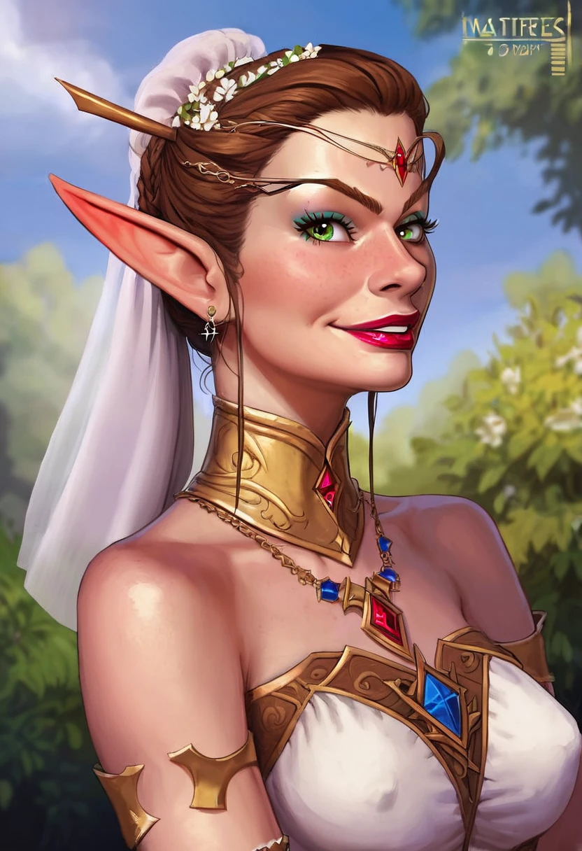 ((masterpiece, best quality)), 1 female elf smirks, detailed face, lipstick, upper body: bare shoulders, skinny