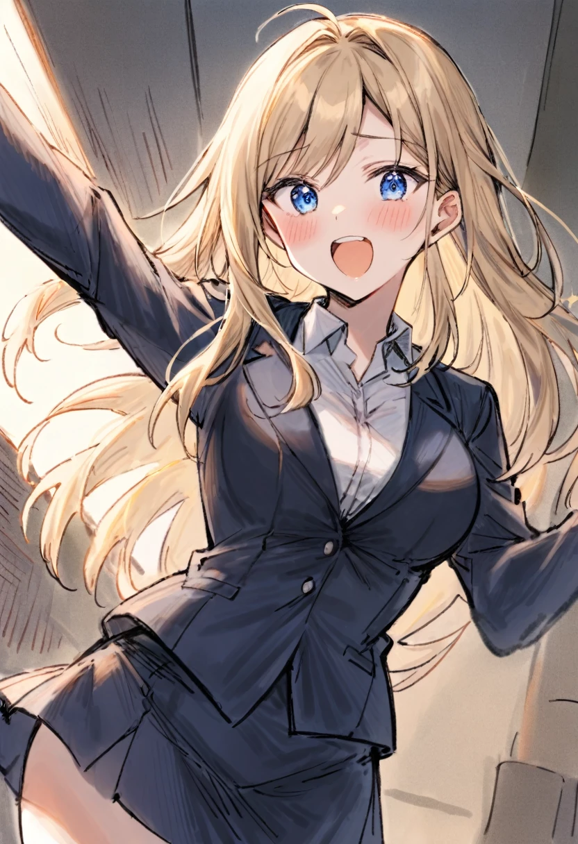 1girl,22years old, office lady,blonde hair, one length hair, blue eyes,navy blazer,collared shirt,navy tight skirt, office,cheering,energetic,double teeth,open mouth, masterpiece, best quality, absurdres, cowboy shot, colored pencil art style, hand-drawn aesthetic, soft shading, textured paper background, gentle colors, sketch-like quality, artistic portrait, delicate lines, subtle blending, warm lighting

