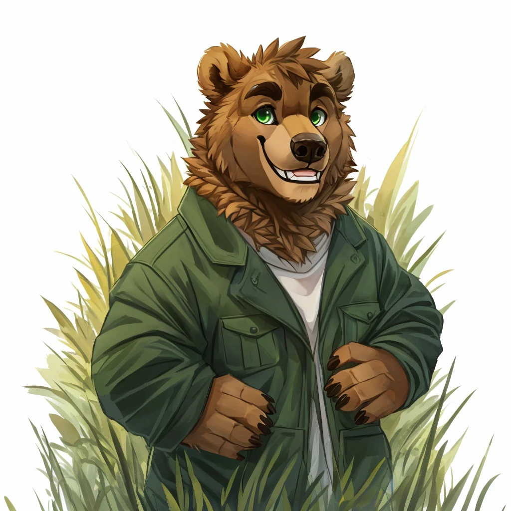 a caramel-brown colored fur anthropomorphic, muscular grizzly bear in a red jacket, green eyes, happy, closed smile, standing in the grass, high quality furry art.