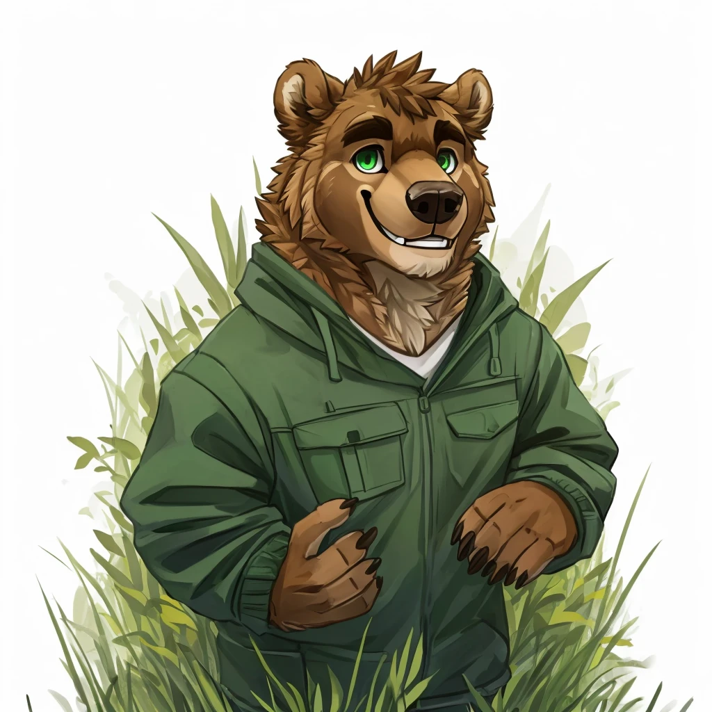 a caramel-brown colored fur anthropomorphic, muscular grizzly bear in a red jacket, green eyes, happy, closed smile, standing in the grass, high quality furry art.