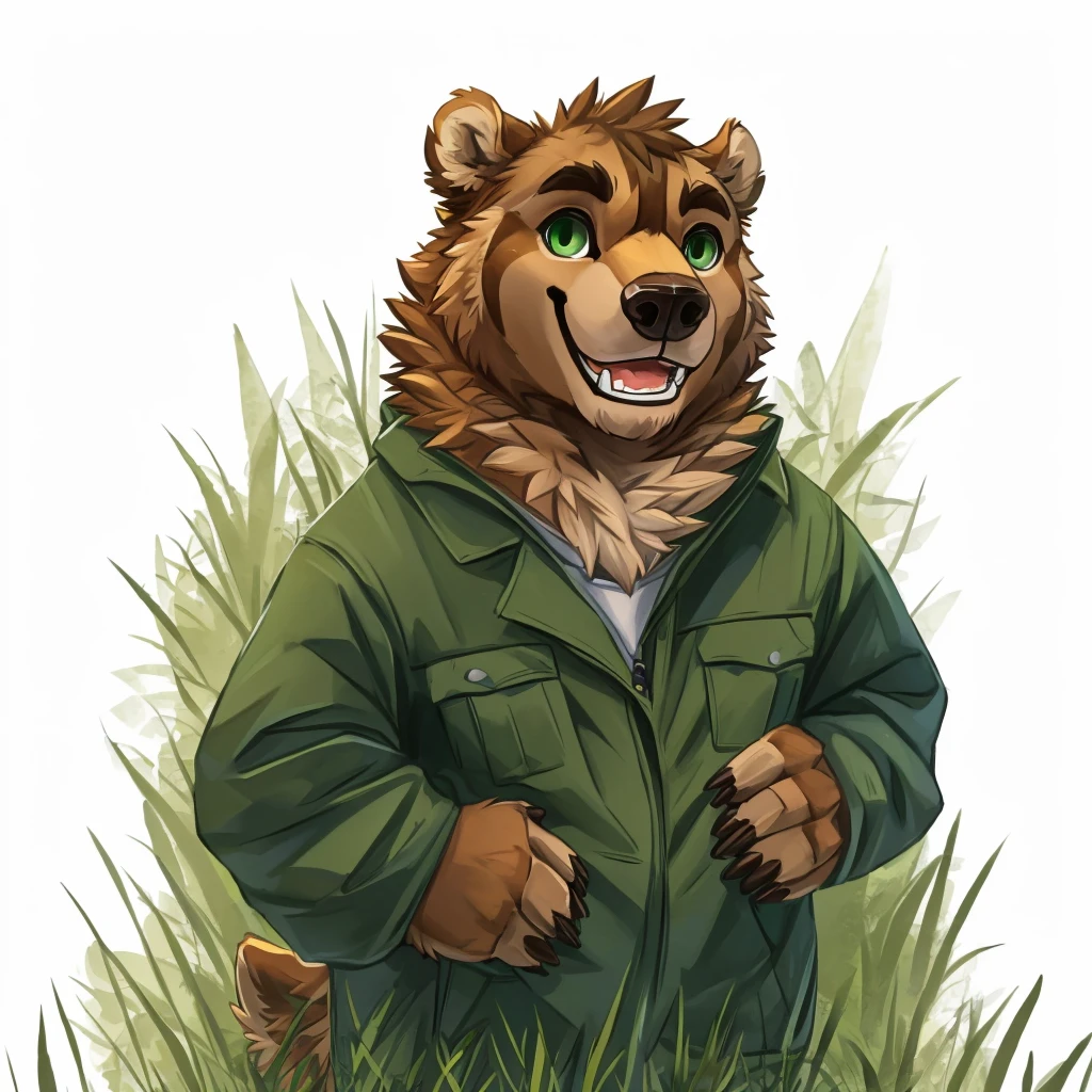 a caramel-brown colored fur anthropomorphic, muscular grizzly bear in a red jacket, green eyes, happy, closed smile, standing in the grass, high quality furry art.