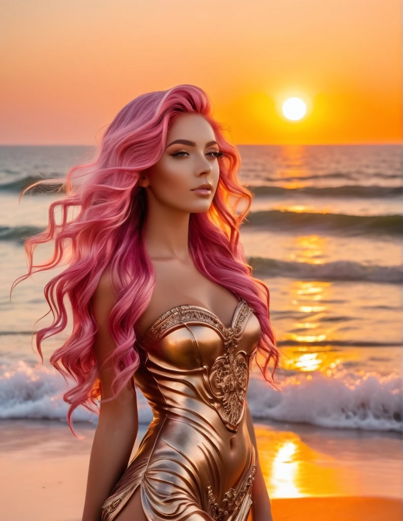 Very attractive 25 year old female with long wavy bright pink hair, A confident female influencer on a golden sandy beach during a breathtaking sunset, the warm hues of the sun reflecting on the calm ocean waves, creating a romantic and dreamy atmosphere, Sculpture, bronze casting with intricate details, --ar 16:9 --v 5