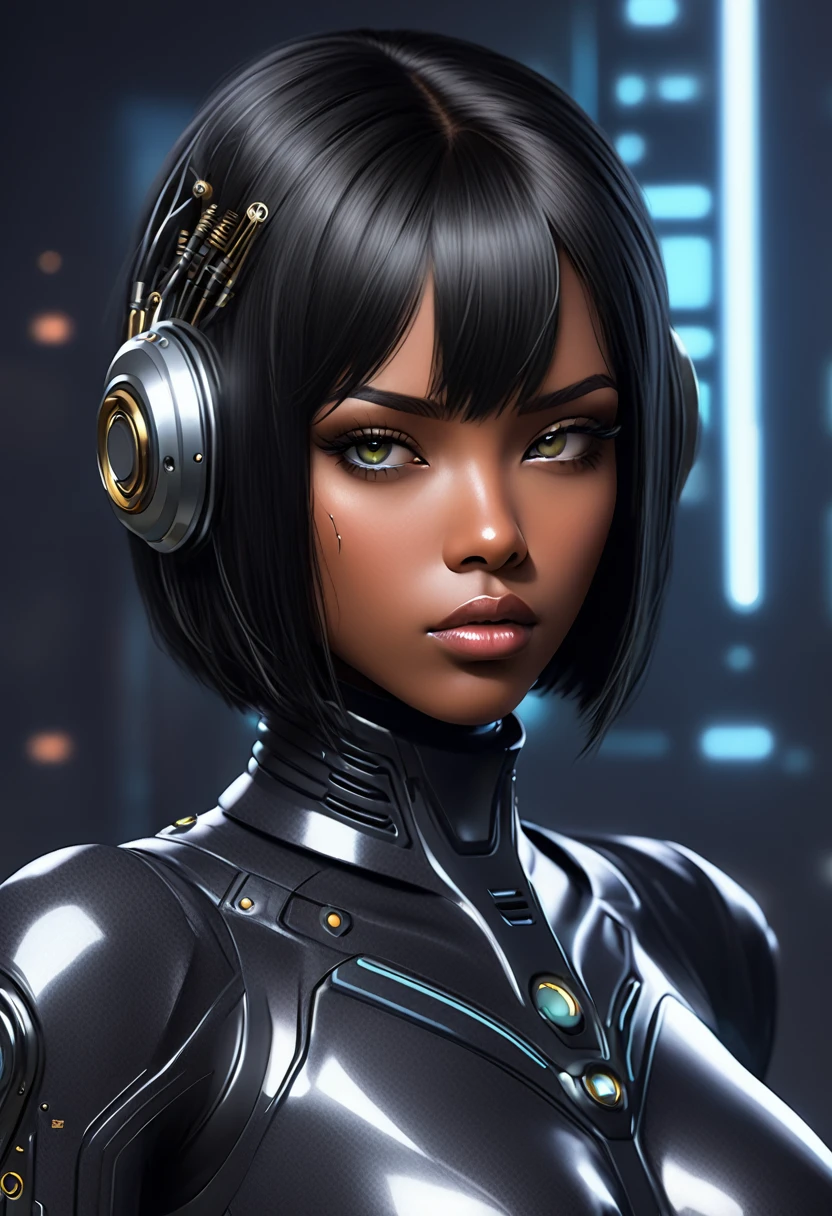 A female android ((darkskin)) (ebony skin) voluptuous and futuristic with a black bob haircut, looking melancholic. Your face is a mix of human and machine, with visible mechanical components and synthetic leather. she has tears running down her face, emphasizing a sense of sadness or emotional depth. Your neck and shoulders are intricately designed with exposed circuitry and machinery, featuring advanced technology. The background is minimalist with faint lines and circuit patterns, highlighting the science fiction theme."