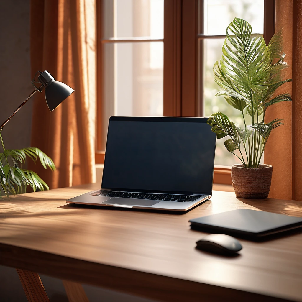 beautiful detailed interior scene, laptop computer on desk, window lighting, high quality, 8k, photorealistic, dramatic lighting, minimalist design, clean composition, still life, detailed surfaces, warm color tones, soft shadows, natural daylight, shallow depth of field, studio lighting, professional photography