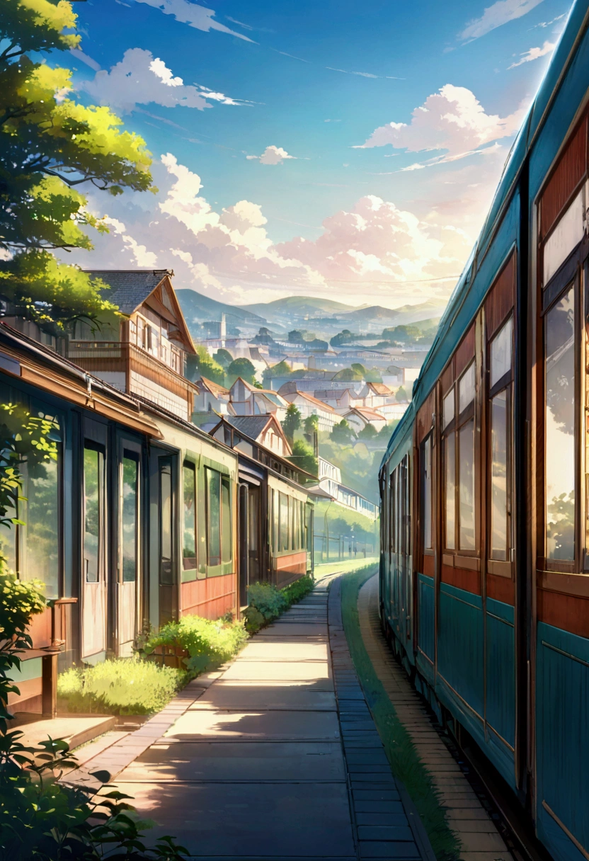 Create a wide panoramic illustration of a moving landscape as seen from a train window, in a Japanese anime style. The scene should depict various passing views, including cityscapes with tall buildings, parks with greenery, suburban areas with houses, and open countryside with fields and hills. Add a slight blur effect to convey the motion of the train. Use bright and vivid colors along with soft natural lighting to highlight the changing scenery, and include fine details to give a realistic and dynamic feel. The overall atmosphere should be calm and pleasant, suitable for a relaxing train journey.