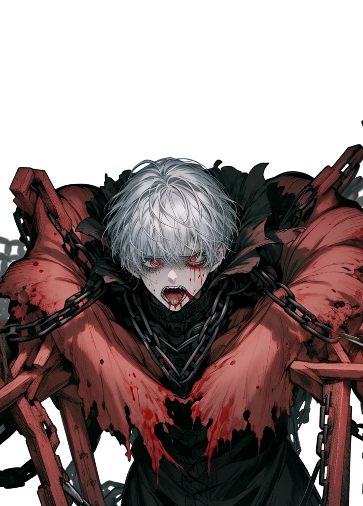 1boy,mutant flower, White hair, blood tears, dark circles under eyes, cursed,(blood cover, chains), scar cover, (high resolution, high detail, best quality), pain, scream
