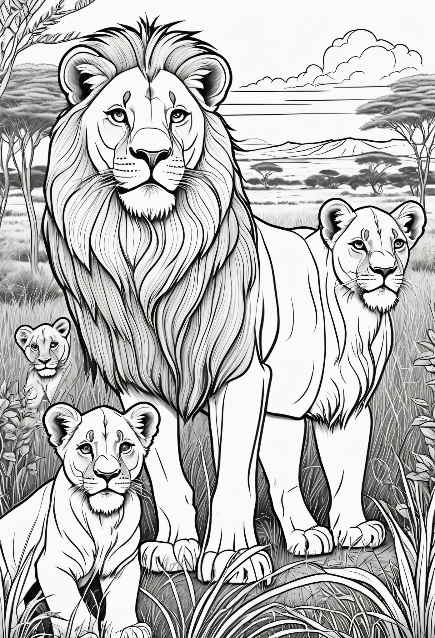 coloring page for children, lion with 2 lion cubs, two lionesses and an adult lion, in the high grassy expanses of Africa with many bushes, cartoon style, thick lines