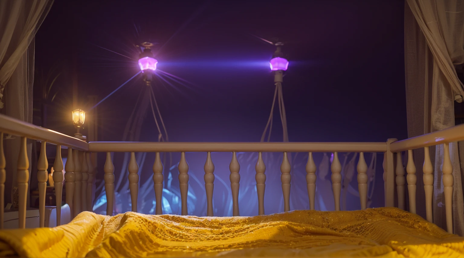 This image offers a perspective from beneath a child's crib with orange spindles and thin rails. In the foreground, a yellow blanket is spread out. The view extends beyond the crib, revealing a room that is mostly in shadows but illuminated by two purple lights casting a soft glow. Beyond the crib, there are blurry outlines of objects that could be toys or furniture typical for a child's room. This image creates an atmosphere of intrigue and coziness, while also imparting a somewhat mystical tone due to the specific lighting. effectively conveying a sense of joy and creativity. аffects render, (glossy plastic texture with multiple big light probe refractions), perfect cgi, smooth silhouette, high intensity refraction, (super glossy plastic material), most beautiful vfx, , realistic, 4k, high resolution, rim light, smooth 3d model, multiple light sources, rim light, sharp post effects render,, realistic, 4k, high resolution, rim light detailed digital art, reflective, best quality, 4k, masterpiece:1.2, ultra-detailed, realistic, vivid colors, The image of the highest quality, ensuring every detail showcased perfectly. It in 4k resolution, allowing viewers to immerse themselves in the richness of the colors and intricate details. The realistic rendering. under the spotlight, reflecting, high-resolution image, realistic rendering