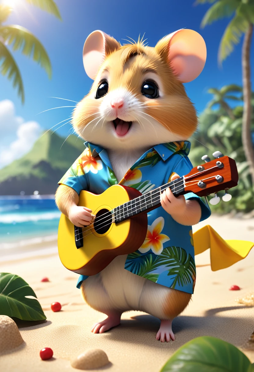 Esbian all over body、Cool hamster、Pop hamster、Diorama、Simple Background、Aloha Shirt、Playing the ukulele、tropical、Beach Background、Cape、Best Quality, Capture the cutest moments, Depth of written boundary, Super detailed, Ultra-high resolution, Octadale, 8k, 16km race