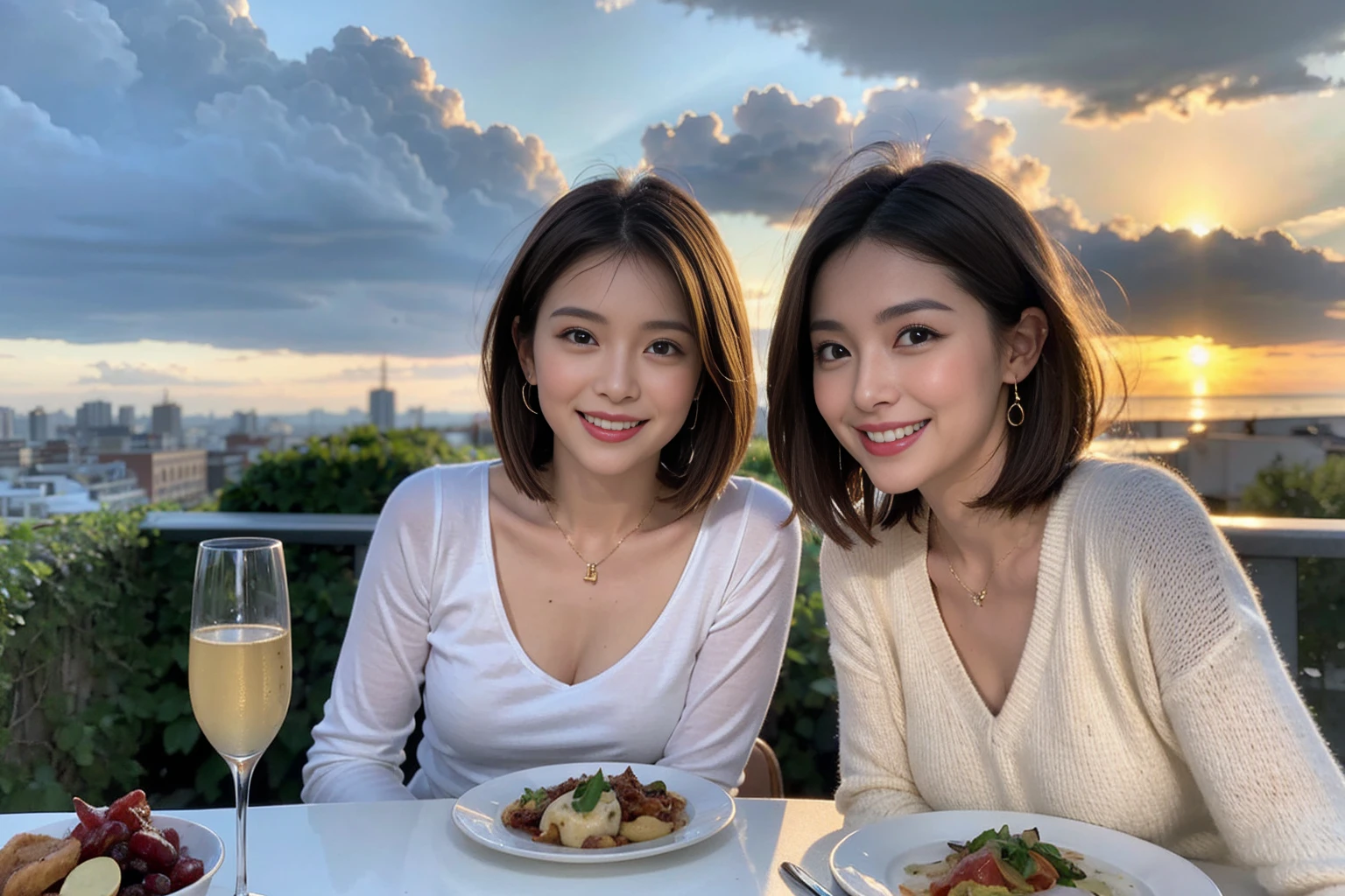 (Realistic:1.1),(masterpiece,Highest quality),8k,(40 years old), 42 years old, slimカップル、Model Couple、Actress/Actor、Tight waist,Upper Body,full-course dinner、wine 、Amazing view of the sunset sky and clouds、Perfect Anatomy, Brown Hair, Short Hair,Random Hairstyles,((Highly detailed face and eyes:1.2))(cute顔:1.4),Beautiful actress face,Perfect golden ratio face,Long sleeve shirt、dress,(smile:1.2)、Shortcuts、cute、(Realistic, Intricate details:1.2), A bright smile、short hair,Bright Face、赤wine 、Appetizers、Italian food、wine bottle、Champagne、スパークリングwine、(slimな顔), (The body is slim), (Brown Hair), (Shortcuts), Upper Body, 白wine, slim, wineグラス,