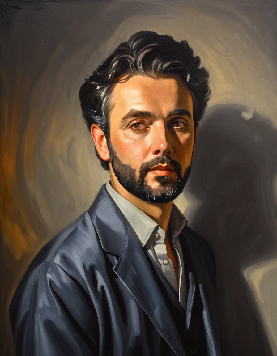 Oil painting of Man in the style of Classic Masters of painting, grey background, spot light, warm atmosphere, vibrant color palette