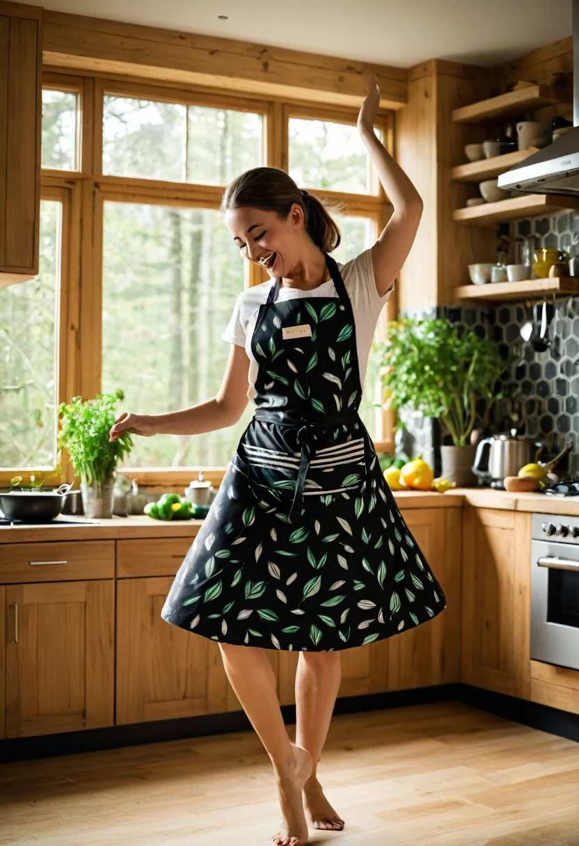 Description: A girl dances while cooking wearing only a kitchen apron. The apron is black and only covers the front of the body., bottom: forest, Activity: cooking, image quality: wallpaper, aspect ratio: 16:10, Emotional state: happy, energy: high, Size: Big, vibrates: Fantastic, camera angle: long shot, Camera angle position: Take on the shoulders, Type of light: Warm Light 2700k, 