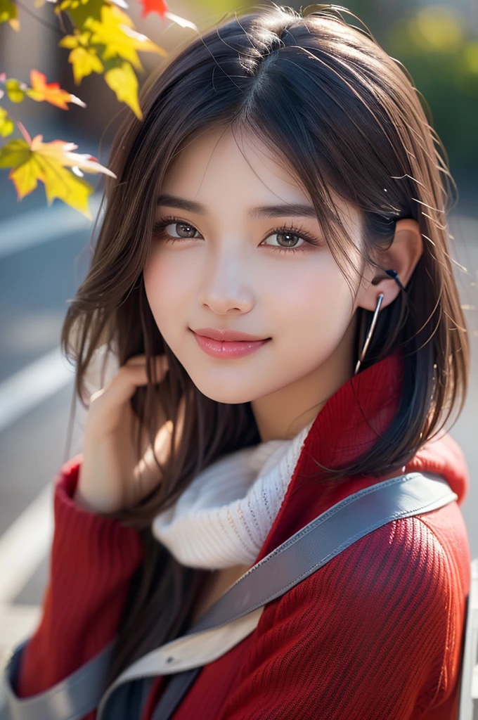 (RAW shooting), (((Overall image)))、35age、((Red sweater with high neck))、White scarf around neck、Long thin earrings、Round eyes、Cheek on ear、correct、make、smile、Biting the lower lip、(((Close one eye and wink)))、Soft lips、誘惑的なsmile、Sparkle、Darker lipstick、Cheek on nose、(Autumn leaves)、((Watery eyes))、Asymmetrical Hair、Real Skin、Blonde Hair、Very realistic,Gray Hair、Messy Hair、Hair behind the ear、Floating Hair、Short Hair、Boyish Hair、Blunt bangs、Drop Shadow、Hyperrealism、Contemporary Art、shine、reflected light、Ultra Wide Angle、16K、Super detailed、最high quality、uhd、Anatomically correct、Awards、最high quality、Ultra high detail、high quality、High resolution、Textured skin、correct、masterpiece、((Cold Pose:1))、(((Shoot from different distances and angles:1.5)))、