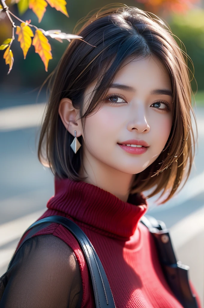 (RAW shooting), (((Overall image)))、３５age、((Red sweater with high neck))、White scarf around neck、Long thin earrings、Round eyes、Cheek on ear、correct、make、smile、Biting the lower lip、（((Close one eye and wink)))、Soft lips、誘惑的なsmile、Sparkle、Darker lipstick、Cheek on nose、(Autumn leaves)、((Watery eyes))、Asymmetrical Hair、Real Skin、Blonde Hair、Very realistic,Gray Hair、Messy Hair、Hair behind the ear、Floating Hair、Short Hair、Boyish Hair、Blunt bangs、Drop Shadow、Hyperrealism、Contemporary Art、shine、reflected light、Ultra Wide Angle、16K、Super detailed、最high quality、uhd、Anatomically correct、Awards、最high quality、Ultra high detail、high quality、High resolution、Textured skin、correct、masterpiece、((Cold Pose：1))、(((Shoot from different distances and angles:1.5)))、