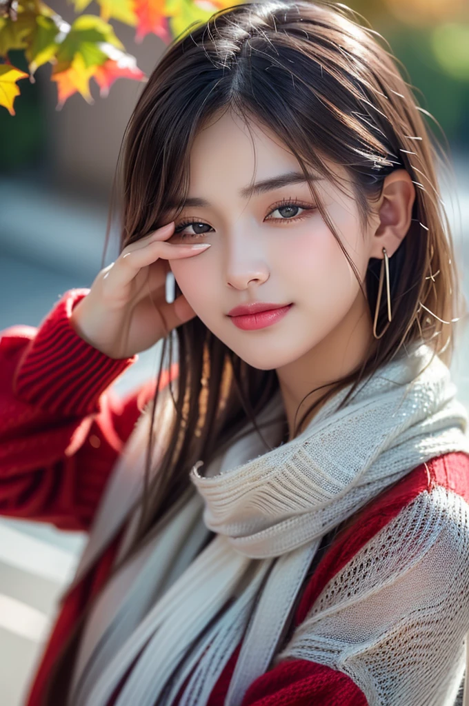 (RAW shooting), (((Overall image)))、３５age、((Red sweater with high neck))、White scarf around neck、Long thin earrings、Round eyes、Cheek on ear、correct、make、smile、Biting the lower lip、（((Close one eye and wink)))、Soft lips、誘惑的なsmile、Sparkle、Darker lipstick、Cheek on nose、(Autumn leaves)、((Watery eyes))、Asymmetrical Hair、Real Skin、Blonde Hair、Very realistic,Gray Hair、Messy Hair、Hair behind the ear、Floating Hair、Short Hair、Boyish Hair、Blunt bangs、Drop Shadow、Hyperrealism、Contemporary Art、shine、reflected light、Ultra Wide Angle、16K、Super detailed、最high quality、uhd、Anatomically correct、Awards、最high quality、Ultra high detail、high quality、High resolution、Textured skin、correct、masterpiece、((Cold Pose：1))、(((Shoot from different distances and angles:1.5)))、