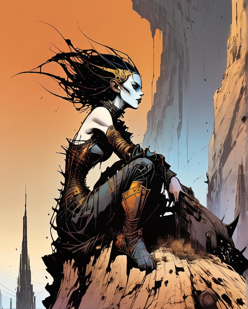 Art style by H. R. Giger, Art style by Luis Royo, Art style by Chris Foss, (Masterpiece, Top Quality, Super Detail, High Resolution, Best Illustration),  Female alien medieval black knight. Organic looking armor. Full body low angle view. An alien Atlantis in the background.{Surreal and professional graphic novel illustration}. {lean, dancer's anatomy}, {elaborate subject design, and expressive facial expressions.} Professional, ultrarealistic comic illustration with thick black ink outlining. Saturated, dark-centric coloring for dark, rich, and vivid colors. Varied color distortions with smooth blends, dimly light scene,  atmospheric darkness (Chiaroscuro and sfumato), diffused highlights with intense shadow, and underexposed look. Two-dimensional flat rendering. Triadic background colors and additional foreground colors. Science fiction, retrofuturism, cosmic horror, eerie surrealism, dark fantasy, gothic, heavy metal aesthetic. Masterpiece quality with master draughtsmanship. Refined linework, variation in line weight, and fine detailing. Maximalism, rich and vibrant. Loose, unconventional framing for dynamic, unique poses. Action-oriented scenes with storytelling emphasis. Clarity and sharp focus through filmic aesthetics. Hierarchy, positive shapes, and negative space meticulously considered. Pattern, rhythm, and unity for a captivating visual experience. Dark canvas.