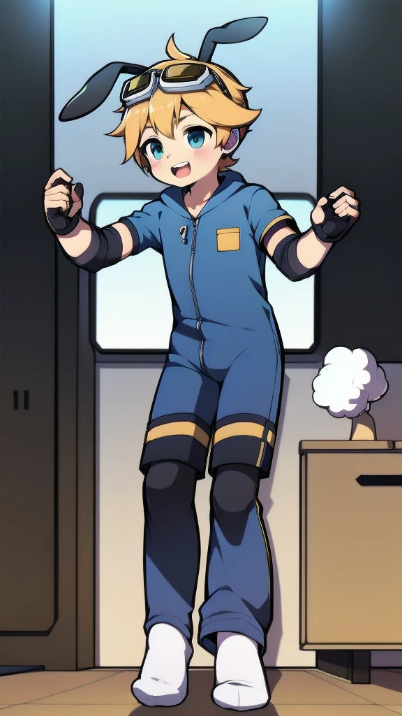 ((A young boy))，(Youthful feeling)，One-piece suit，Goggles，Fingerless gloves，Cotton socks，Short sleeve，stand up，happy，Rabbit ears