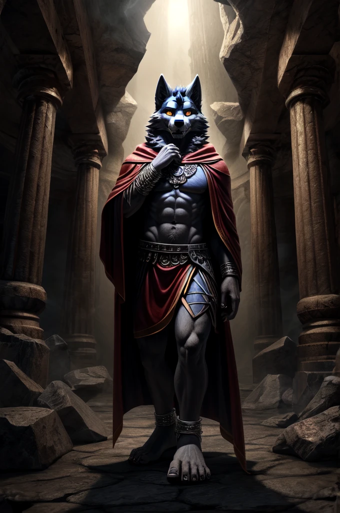 (((Barefoot furry character, full body, cinematic setting, furry male, plantigrade))), (((wearing silver anklets))), (((wearing gladiator sandals)))
(((Hades))) - (((God of the Underworld))) depicted as a mysterious (((wolf))) anthro with charcoal-gray fur and glowing amber eyes. He wears a dark hooded cloak that billows around him. Hades sits barefoot amidst eerie mist and shadows, with spectral forms and ghostly apparitions in the background. Symbols of the underworld like skeletal remains and obsidian pillars surround him. Cerberus, the three-headed dog, is at his side.
BREAK, detailed background, 8K, (masterpiece:1.5), intricate details, highly detailed, extreme detail, octane render, fine art, best quality, highres, (detailed face:1.5), ((full_body)), UHD, (((perfect hands))), (((perfect feet))), low light