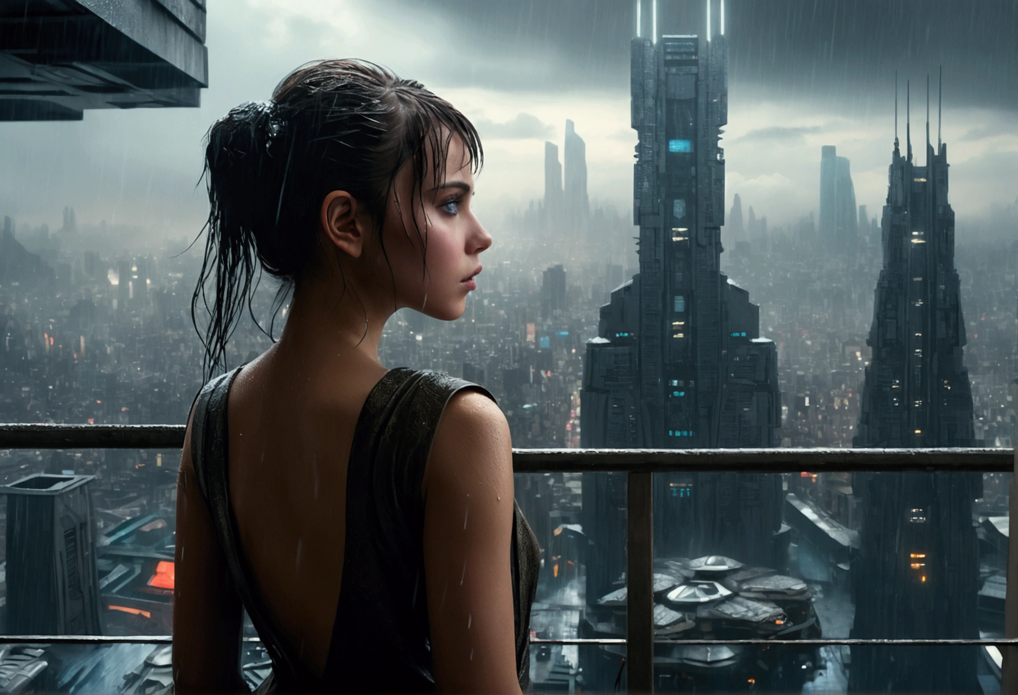 A realistic image of a futuristic city inspired by the movie "Blade Runner", with a andoroid ((beautiful young girl)) standing on the terrace of a skyscraper overlooking the city. It is raining and the scene has a 16:9 aspect ratio (please include the terrace roof)), seen from three-quarter behind