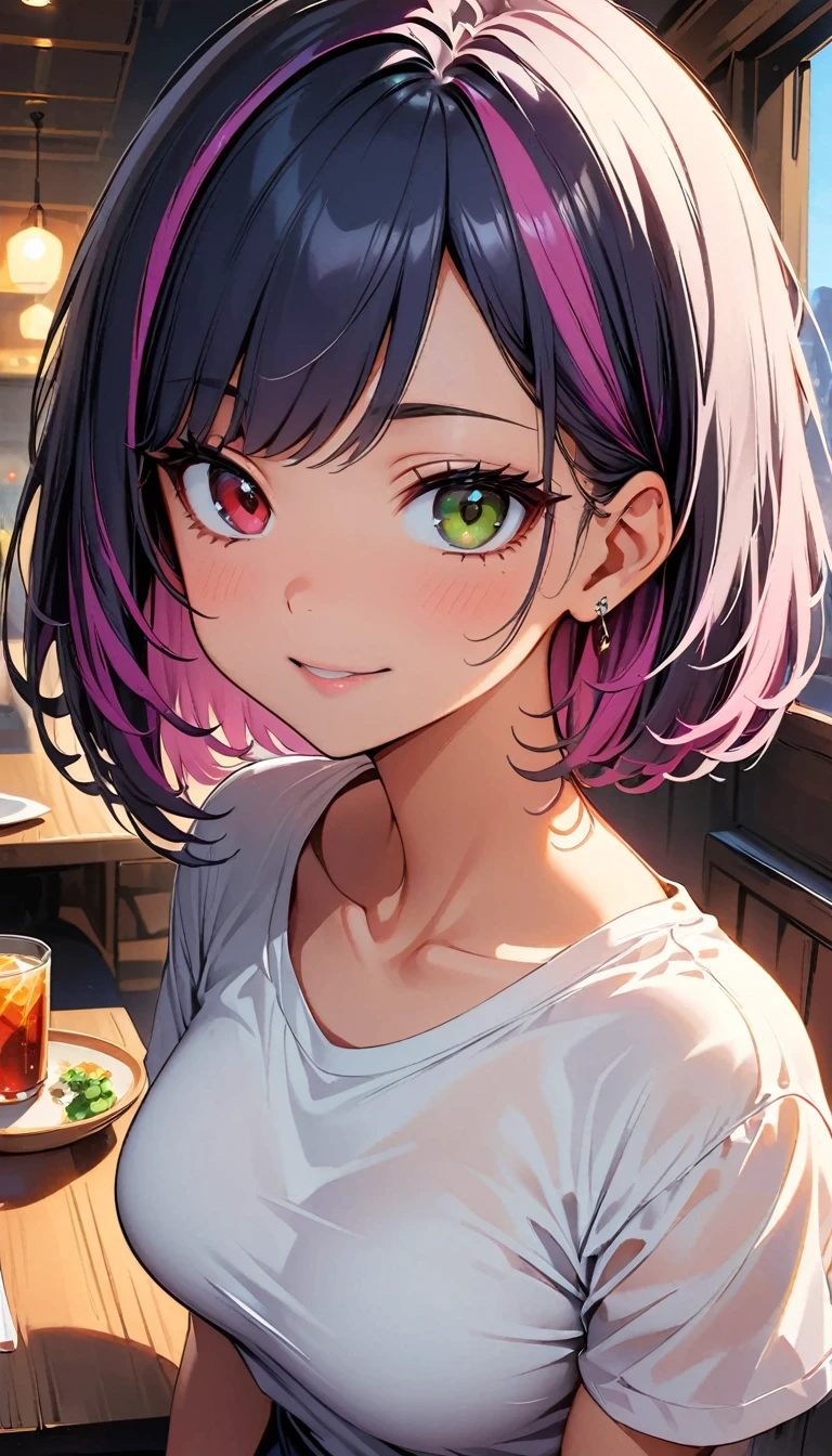 (highest quality:1.2, Very detailed, up to date, Vibrant, Ultra-high resolution, High Contrast, masterpiece:1.2, highest quality, Best aesthetics), Portraiture、girl、25-years-old, slim, , heterrochromia, green eye, red eye, stage、performance、Bright colors、Beautiful fine details、Beautiful lip detail、extra short hair, ((bob cut:1.5))、pink and purple ((streaked hair:1.9)), (highlights hair: 1.6), (small breast:1.3), (tan skin:0.7), (eating Super spicy ramen:1), sitting in chinese restaurant, casual fashion, cowboy shot