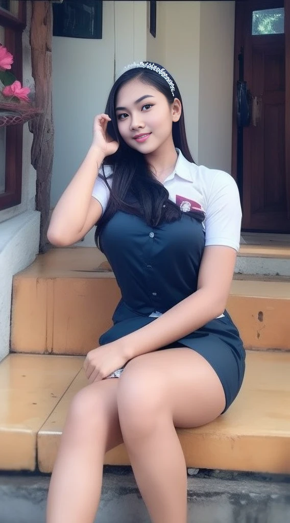 Indonesia, Ariel Tatum, 1girl, (highschool uniform), standing, outdoors, detailed face, detailed eyes, huge breasts, shiny skin, indonesian face, looking at the audience,(8k, RAW photo, best quality, masterpiece: 1.2), (realistic, realistic: 1.37), ultra-high resolution