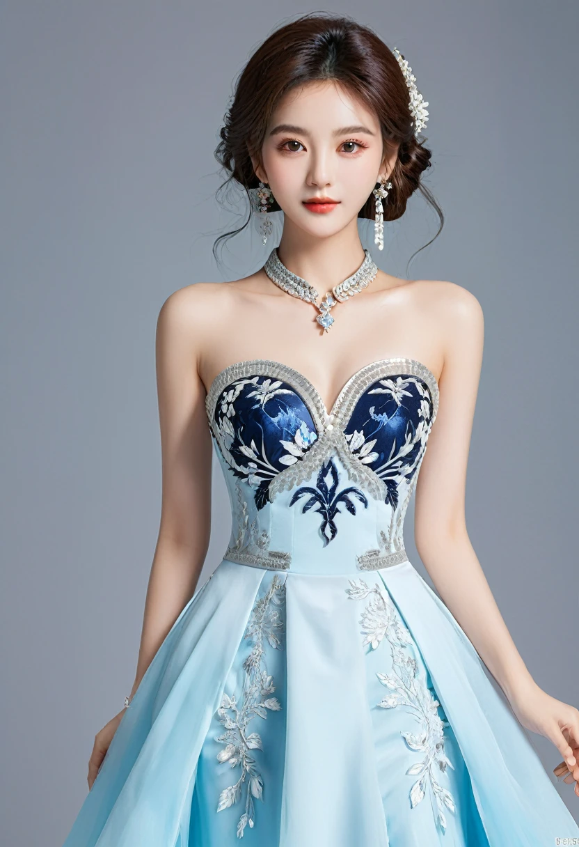 Realistic photo style, whole body 사진에 아름다운 아시아 소녀가 등장합니다., Wearing a unique ethnic style evening gown with delicate skin., bright and lively eyes, Thick eyelashes that look especially attractive. Long dresses are slim and elegant., Eye-catching silver jewelry and alcohol. The high-collar design adds an elegant atmosphere., Color of blue and white porcelain. using light and shadow, The vivid and harmonious appearance of the protagonist is highlighted... whole body, (masterpiece, best quality, professional, perfect composition, very aesthetic, absurd, very detailed, intricate details:1.3)