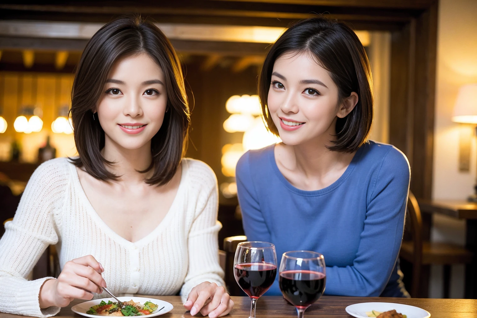 (Realistic:1.1),(masterpiece,Highest quality),8k,(40 years old), 42 years old, slimカップル、Model Couple、Actress/Actor、Tight waist,Upper Body,full-course dinner、wine 、Amazing view of the sunset sky and clouds、Perfect Anatomy, Brown Hair, Short Hair,Random Hairstyles,((Highly detailed face and eyes:1.2))(cute顔:1.4),Beautiful actress face,Perfect golden ratio face,Long sleeve shirt、dress,(smile:1.2)、Shortcuts、cute、(Realistic, Intricate details:1.2), A bright smile、short hair,Bright Face、赤wine 、Appetizers、Italian food、wine bottle、Champagne、スパークリングwine、(slimな顔), (The body is slim), (Brown Hair), (Shortcuts), Upper Body, 白wine, slim, wineグラス,