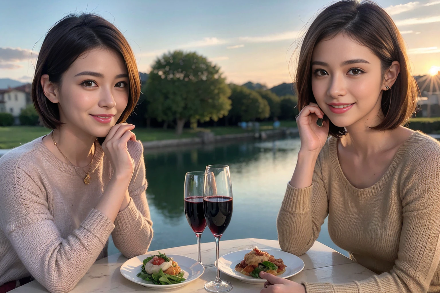 (Realistic:1.1),(masterpiece,Highest quality),8k,(40 years old), 42 years old, slimカップル、Model Couple、Actress/Actor、Tight waist,Upper Body,full-course dinner、wine 、Amazing view of the sunset sky and clouds、Perfect Anatomy, Brown Hair, Short Hair,Random Hairstyles,((Highly detailed face and eyes:1.2))(cute顔:1.4),Beautiful actress face,Perfect golden ratio face,Long sleeve shirt、dress,(smile:1.2)、Shortcuts、cute、(Realistic, Intricate details:1.2), A bright smile、short hair,Bright Face、赤wine 、Appetizers、Italian food、wine bottle、Champagne、スパークリングwine、(slimな顔), (The body is slim), (Brown Hair), (Shortcuts), Upper Body, 白wine, slim, wineグラス,