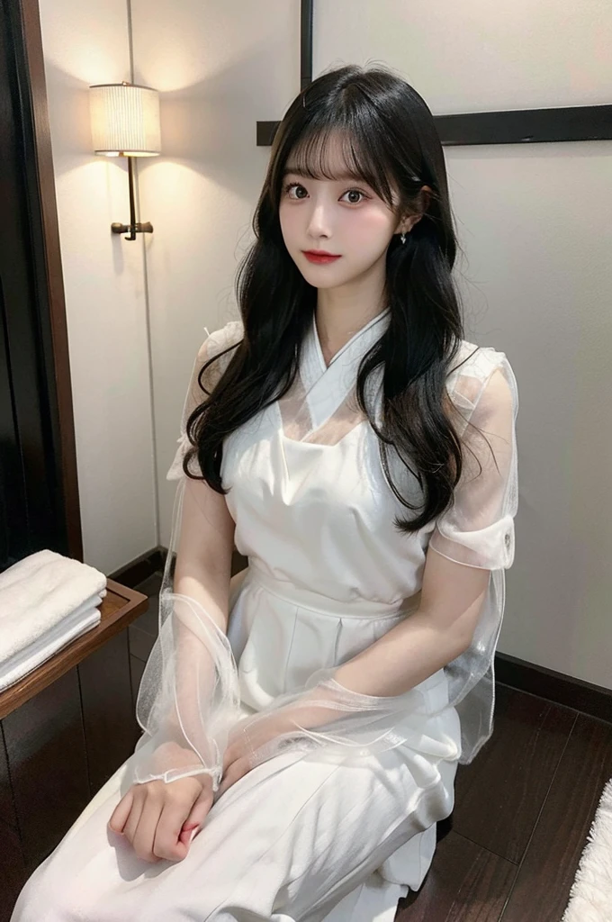 A black hair girl, japanese, white transparent dress, indoor,