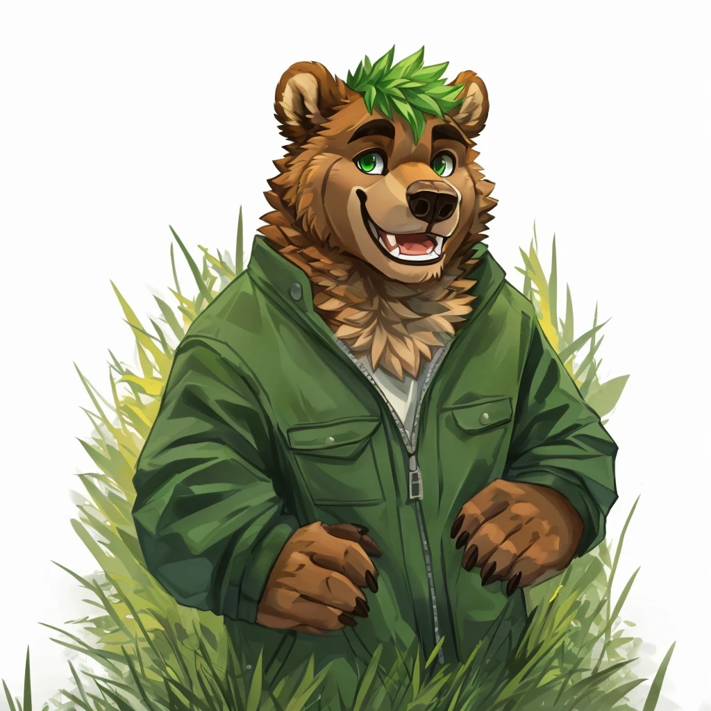 a caramel-brown colored fur anthropomorphic, muscular grizzly bear in a red jacket, green eyes, himbo body, green hair, happy, closed smile, standing in the grass, high quality furry art.