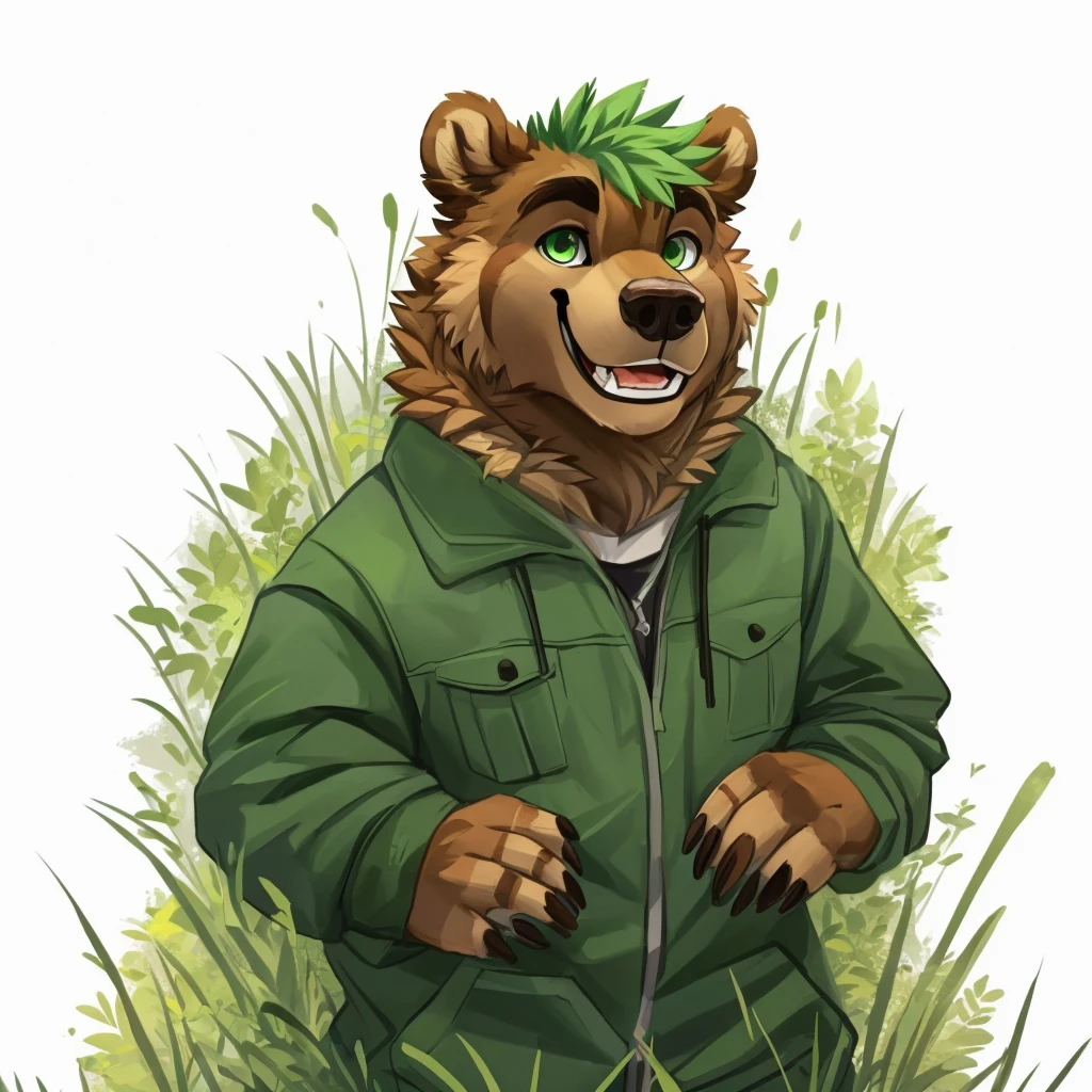 a caramel-brown colored fur anthropomorphic, muscular grizzly bear in a red jacket, green eyes, himbo body, green hair, happy, closed smile, standing in the grass, high quality furry art.