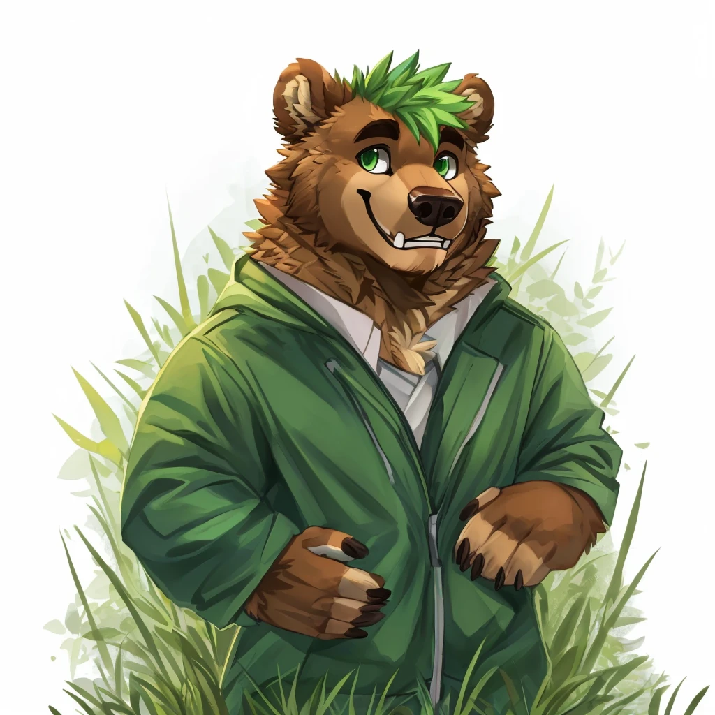 a caramel-brown colored fur anthropomorphic, muscular grizzly bear in a red jacket, green eyes, himbo body, green hair, happy, closed smile, standing in the grass, high quality furry art.