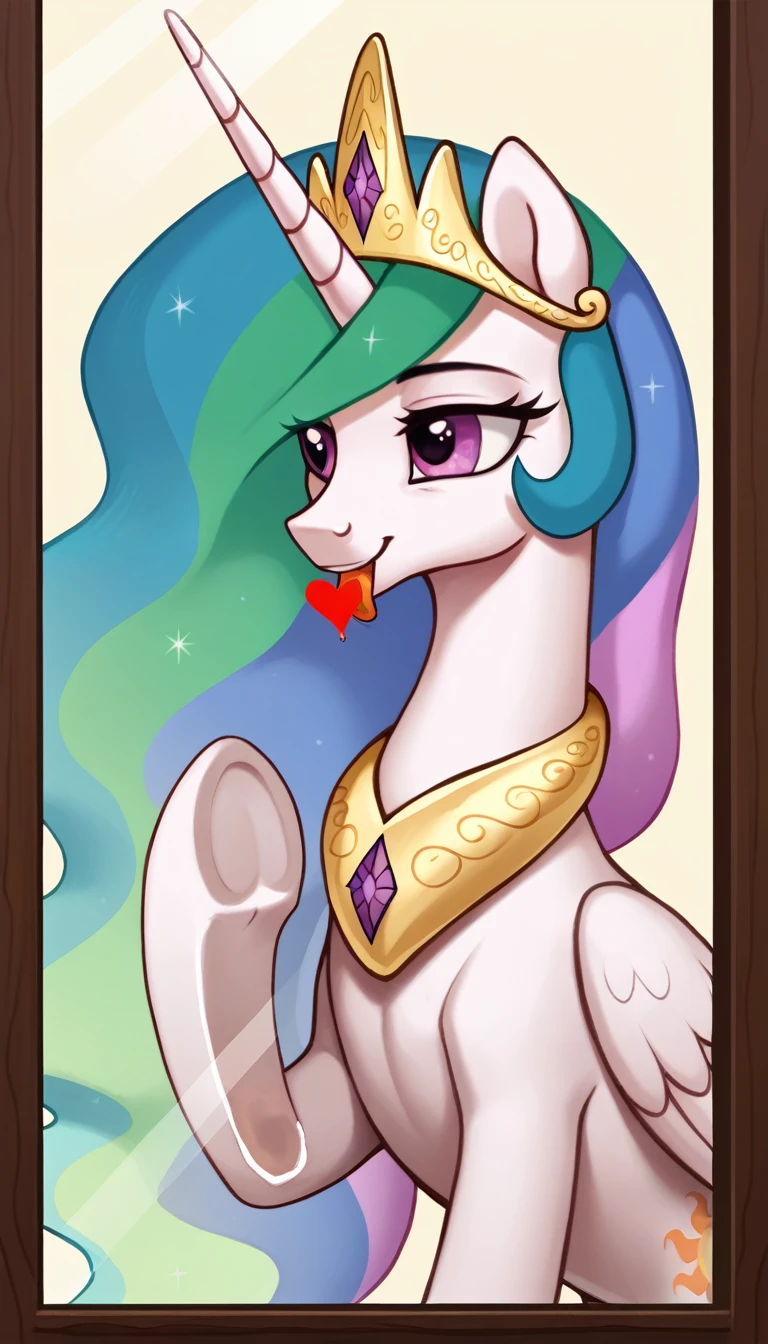 score_9, score_8_up, score_7_up, MLP, princess celestia, feral, source_pony, sexy, warm smile, golden heart cutie mark , only one stallion alicorn pony, licking glass, against glass,