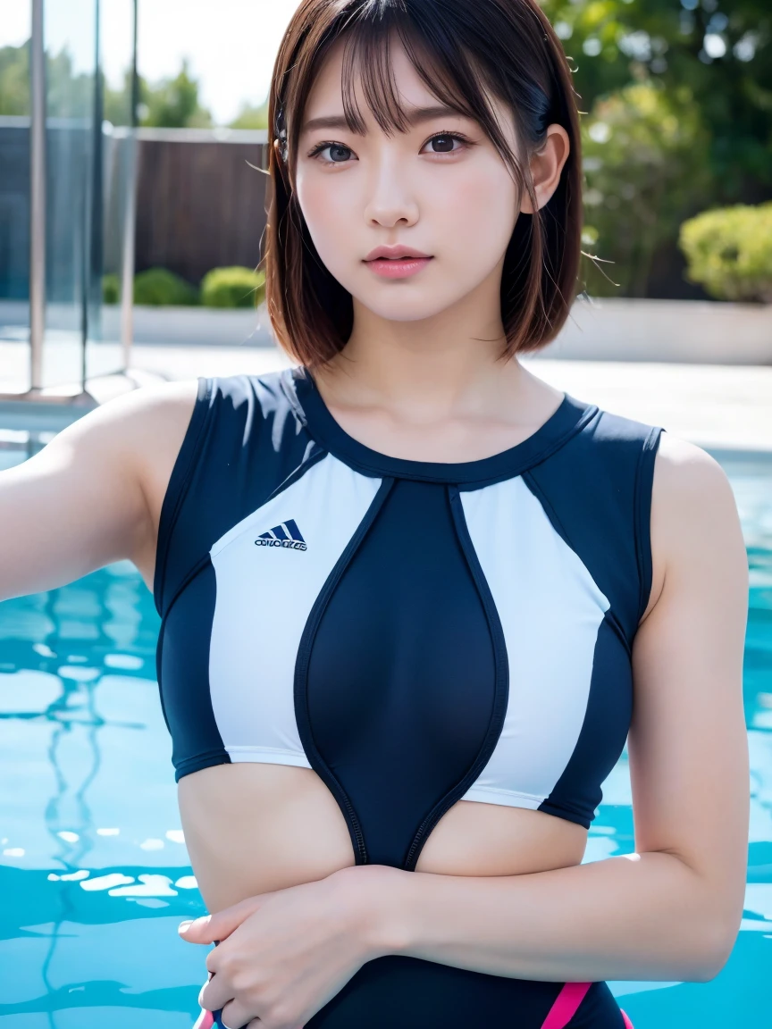 (8k, RAW Photos,Highest quality, High resolution:1.1), (超Realisticな:1.4),(Realistic, Realistic:1.3),The Beauty of Japan、((Upper Body:1.3))、Gymnastics Team - Flexible Leotards and Grips、Erect nipples,Pool、