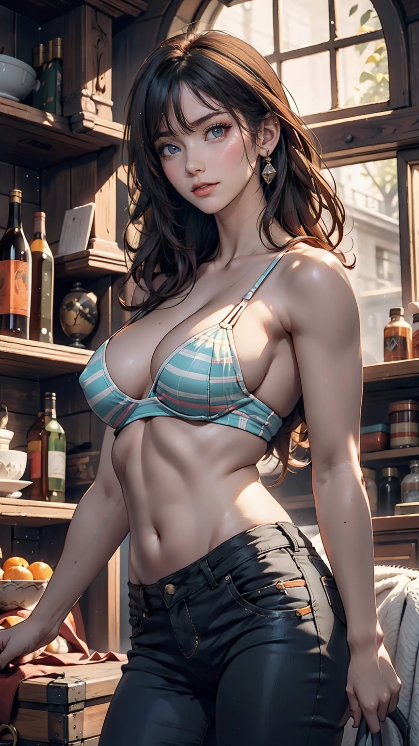 Very beautiful Nami (one piece), Subtle makeup, Moneyen hour, Realistic, High Contrast, 8k hd, detailed, hyper-detailed, Realistic skin texture, orange long hair, Bikini top only, Blue pants, Large Breasts, Highest quality, Ultra-high resolution, RAW Photos, Dramatic lighting, Unreal Engine, Diffuse Light, Outdoor, realistic detailed onep piece pirate ship, Treasure Chest, Money, Money coins, Money bars.