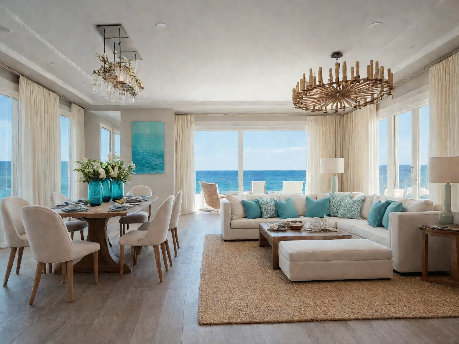 Raw photo, Masterpiece, high quality, best quality, authentic, super detail, Coastal, A palette of whites, blues, and sandy beiges creates a breezy atmosphere. Accents of turquoise, coral, or seafoam green can add a touch of vibrancy. Natural materials like wood and woven textures further enhance the coastal feel,
indoors, living room style modern, ceiling lights, chandeliers, sofas with coffee table, pillows, a rug placed under the couch, flower vases on the dining table and coffee table, painting on the rear wall, cream curtain walls, vivid color,