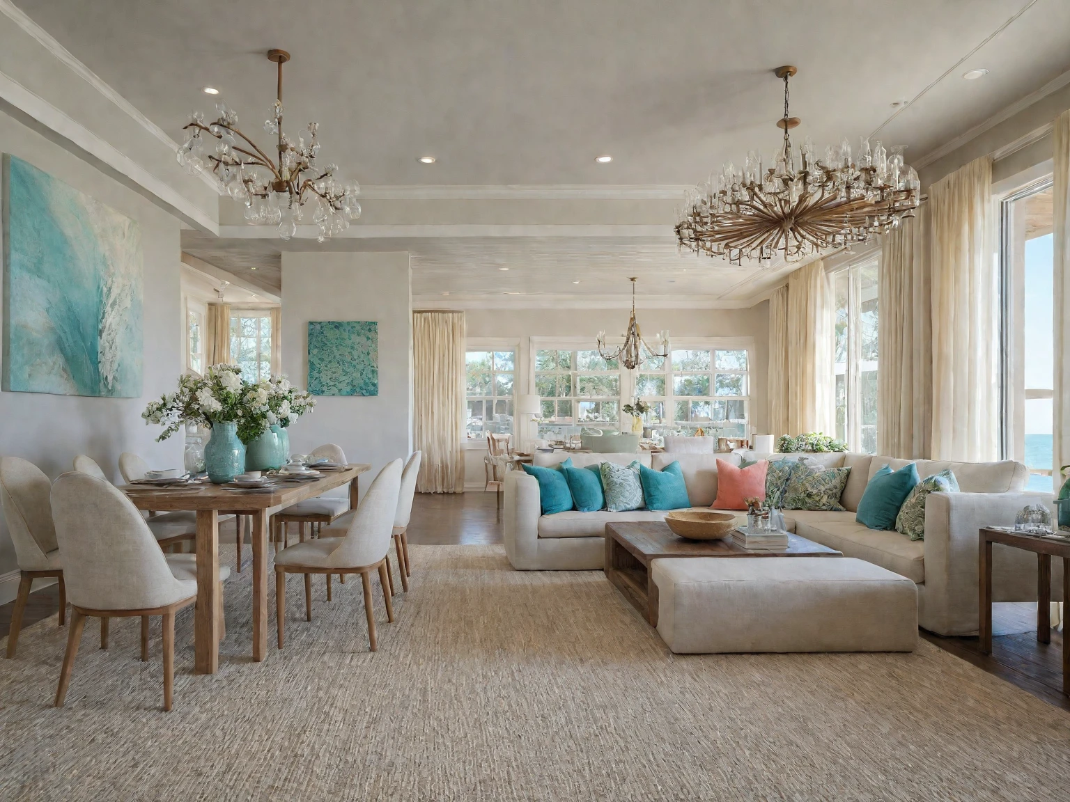 Raw photo, Masterpiece, high quality, best quality, authentic, super detail, Coastal, A palette of whites, blues, and sandy beiges creates a breezy atmosphere. Accents of turquoise, coral, or seafoam green can add a touch of vibrancy. Natural materials like wood and woven textures further enhance the coastal feel,
indoors, living room style modern, ceiling lights, chandeliers, sofas with coffee table, pillows, a rug placed under the couch, flower vases on the dining table and coffee table, painting on the rear wall, cream curtain walls, vivid color,