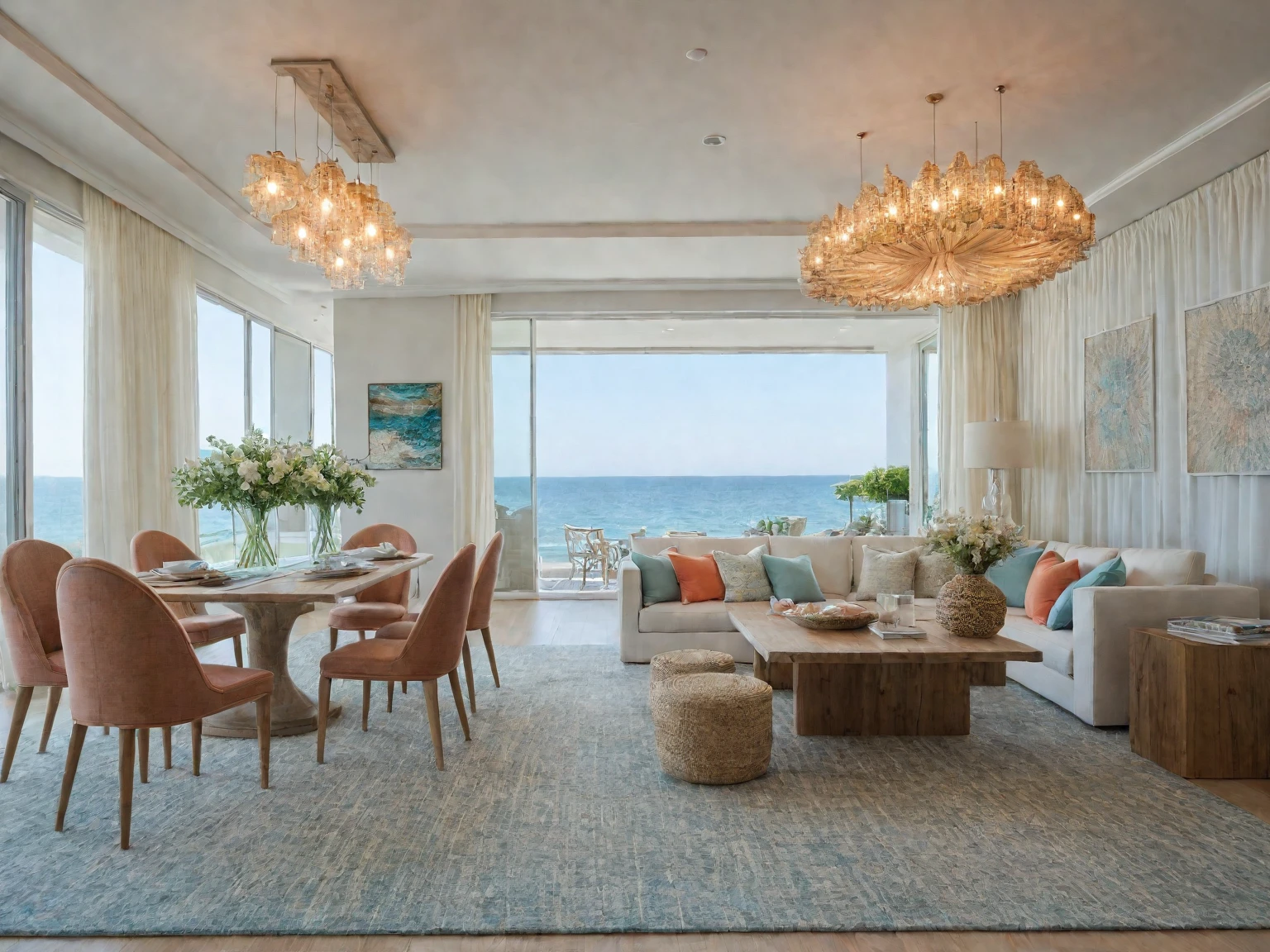 Raw photo, Masterpiece, high quality, best quality, authentic, super detail, Coastal, A palette of whites, blues, and sandy beiges creates a breezy atmosphere. Accents of turquoise, coral, or seafoam green can add a touch of vibrancy. Natural materials like wood and woven textures further enhance the coastal feel,
indoors, living room style modern, ceiling lights, chandeliers, sofas with coffee table, pillows, a rug placed under the couch, flower vases on the dining table and coffee table, painting on the rear wall, cream curtain walls, vivid color,