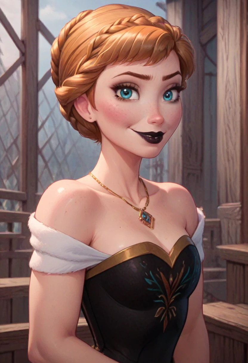 ((masterpiece, best quality)), Disney reference, (Anna), Anna smirks at viewer, black lipstick, black makeup, upper body: bare shoulders, skinny 