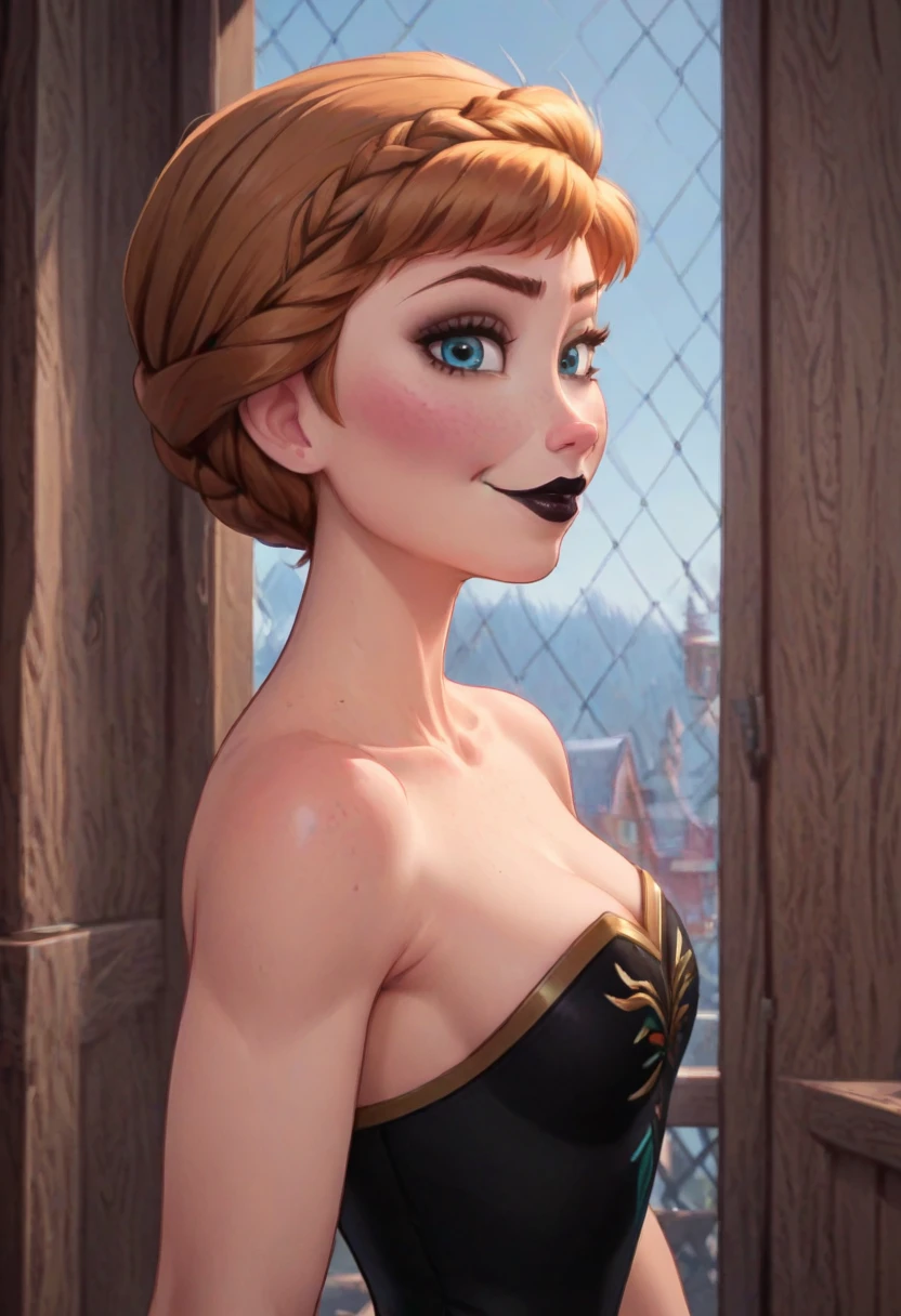 ((masterpiece, best quality)), Disney reference, (Anna), Anna smirks at viewer, black lipstick, black makeup, upper body: bare shoulders, skinny 