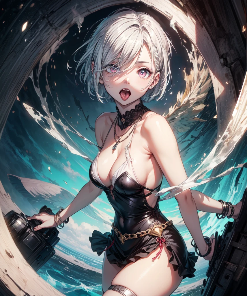 (Highest quality、High resolution、8k、masterpiece)。Look away、Open your mouth、Pink Eyes、Silver Hair、Heart shaped pupil、teeth、tongue、tongueを出す、（Original Character, (1 Girl)、Perfect Face、((short hair:1.2))、(Hair above one eye:1.3)、[[Disheveled Hair]]、Detailed eyes that shine、Light and shadow、Glowing Skin、 (Curvy but slim), ((High angle shot))、Sexy look、Use something sexy、（background：Remains）Full body、bracelet、necklace、Rough Fashion、Disheveled clothes、Oversized clothes、Follow the Silver Wolf、
