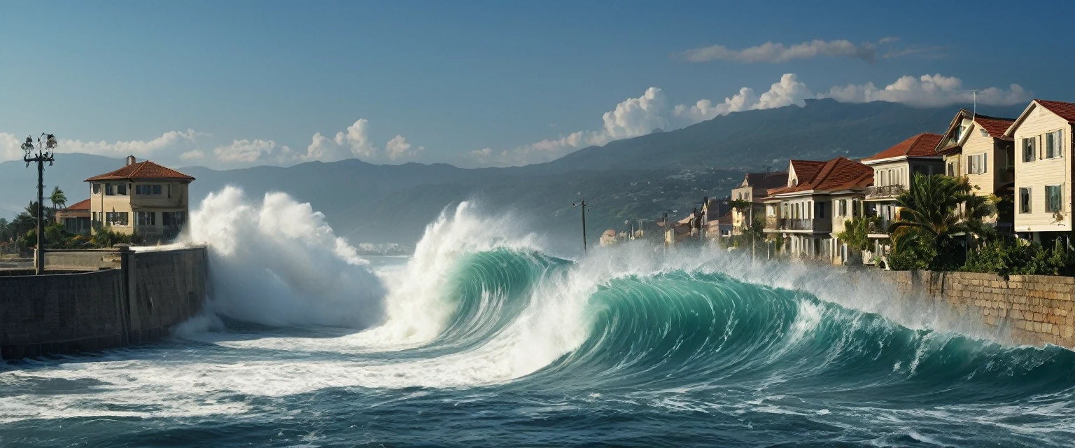 From the depths of the ocean, a tsunami crashes upon a coastal town, a wall of water consuming everything in its path, leaving destruction in its wake, (masterpiece, best quality, Professional, perfect composition, very aesthetic, absurdres, ultra-detailed, intricate details:1.3)